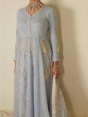 Elegant Light Blue Embellished Women's Dress